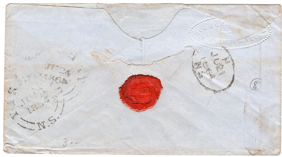 Nova Scotia # 10 on June 18, 1864 embossed cover from Yarmouth, Nova Scotia to Arichat, Addressed to Maximin Forest Esq, Arichat. Barred oval cancellation. Backstamps from YARMOUTH N.S. JU 18 1864, H(alifax) N.S. JU 21 1864, ARICHAT N.S. JU 24 1864. Embossed "W.H.TOWNSEND & SON, YARNOUTH N.S." Red wax seal on back "WHT"