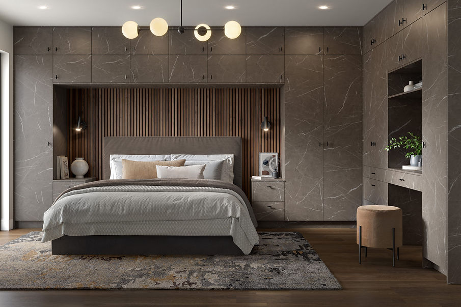 Modern bedroom with stone-textured built-in wardrobes.