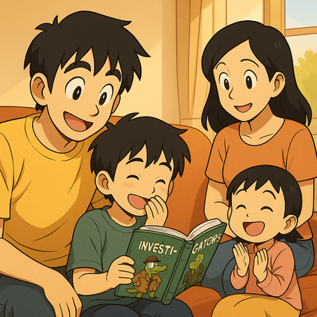 Anime-style family sitting together on a cozy couch as the young boy laughs softly while reading an InvestiGators-themed book, with the dad smiling beside him, the mom watching warmly, and the toddler clapping happily.