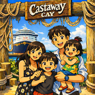 One Piece–inspired anime illustration of a family of four at Disney Castaway Cay with the Disney Wish cruise ship docked in the background.