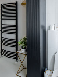 Modern bathroom interior with black cabinet, plant and towel rack. LK Arredamenti.