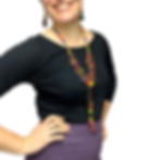 smiling woman with hand on hips showing black t-shirt and natural material long necklace