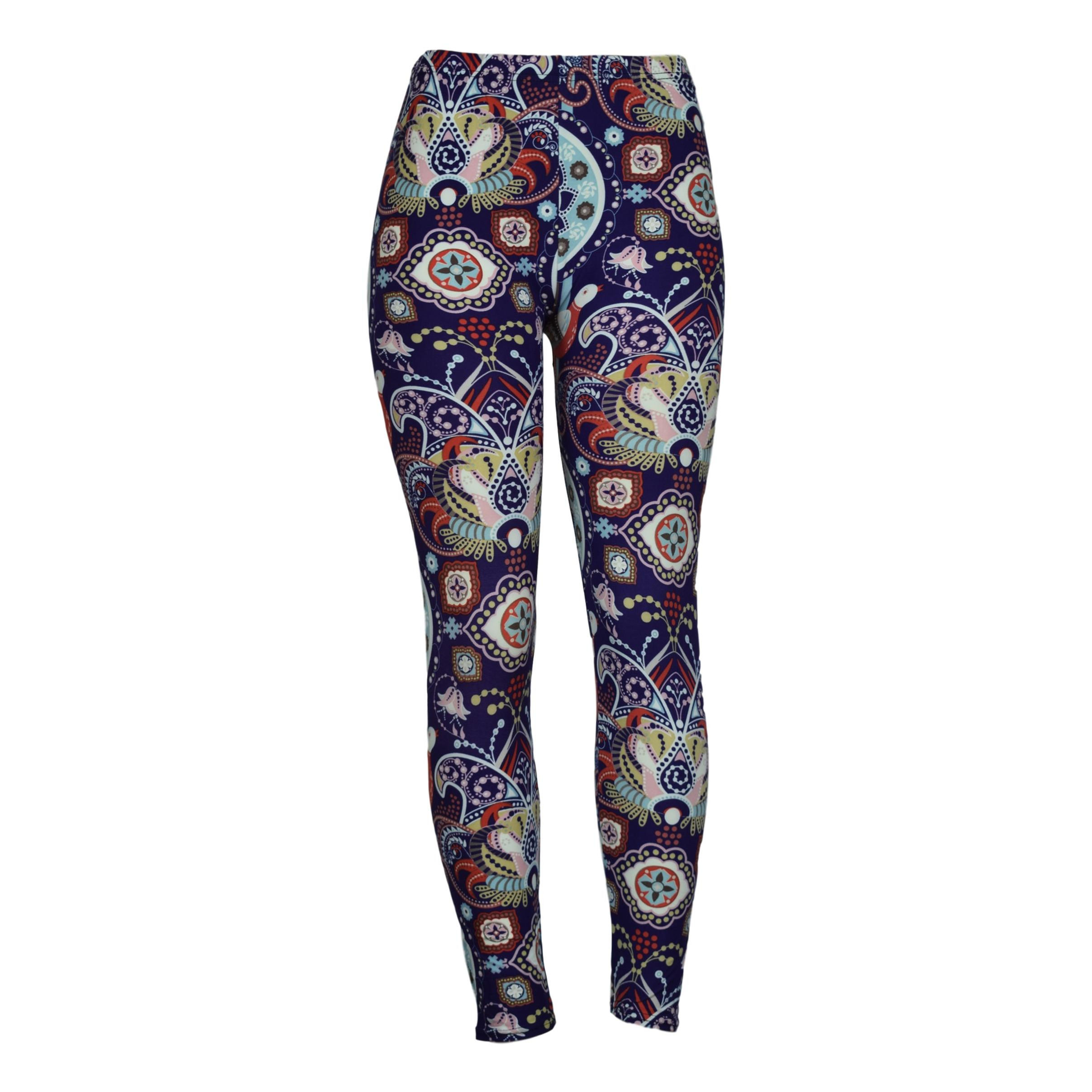 purple legging with bold multicolour pattern