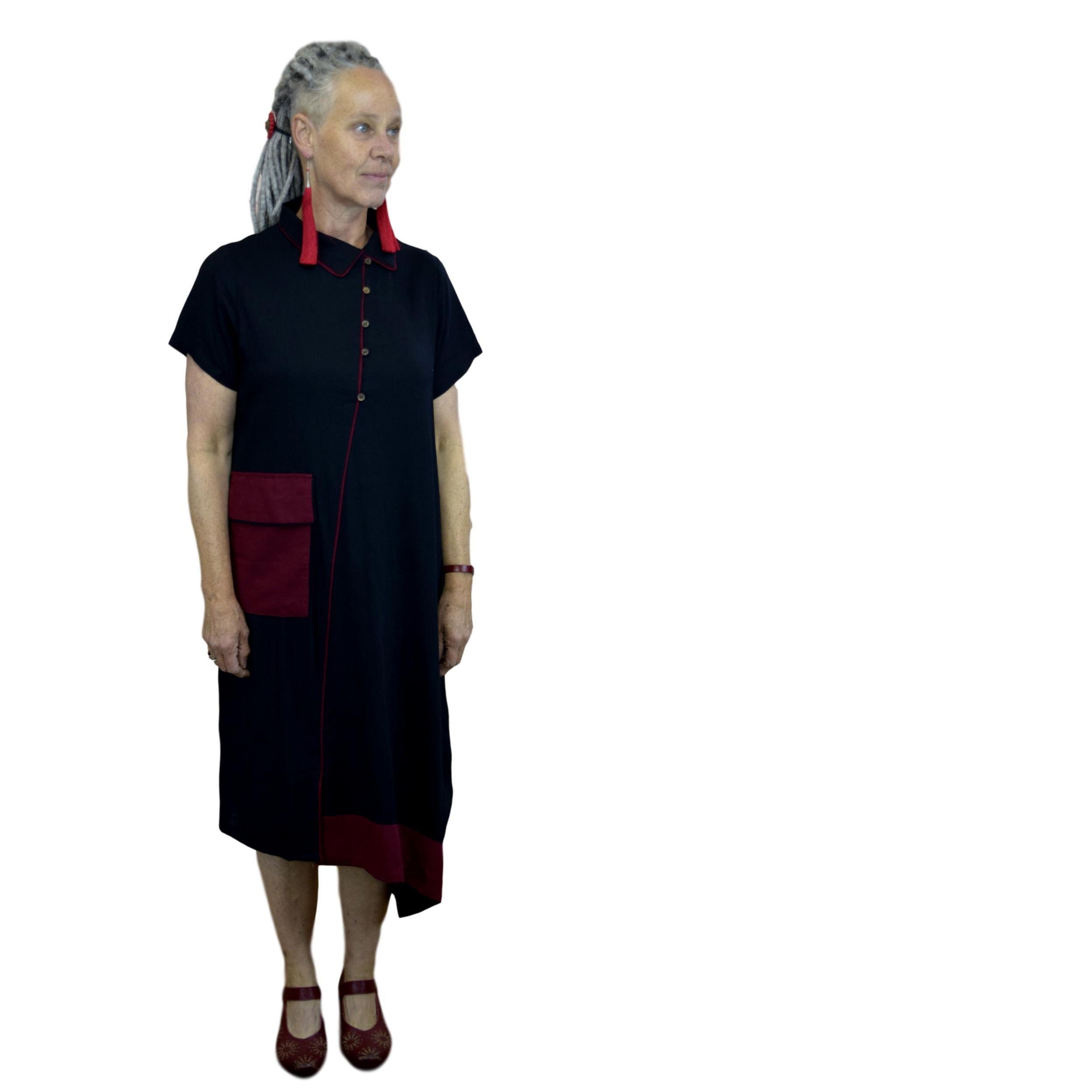 Asymmetric shirt-dress, black, in nettle blend