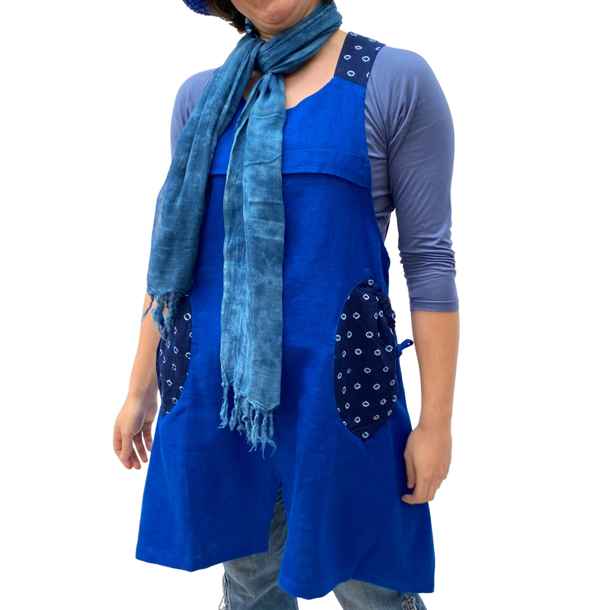 Pinafore tunic, royal blue with indigo trim, in nettle