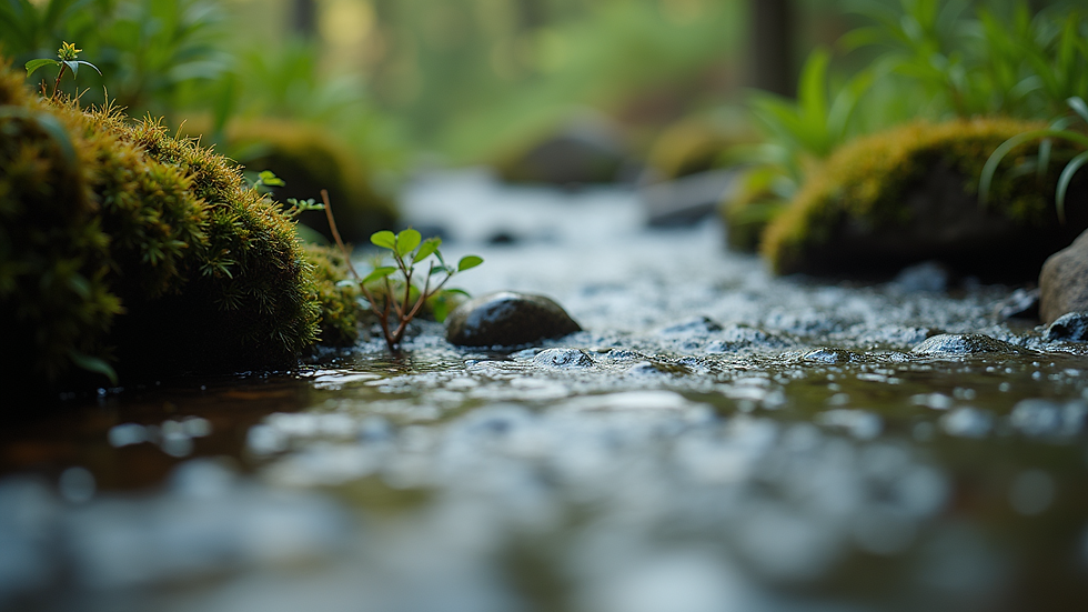 Close-up view of a serene nature scene with a flowing stream