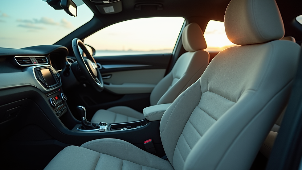 Eye-level view of car interior with clean fabric seats