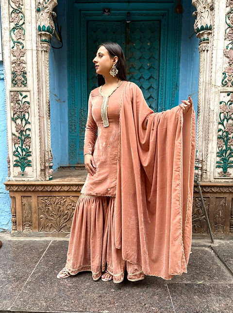Peach Velvet Garara Suit Shop Velvet Sharara Suit Online Jyo's