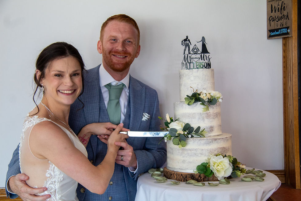 Bride and groom cutting their wedding cake during North East wedding reception.