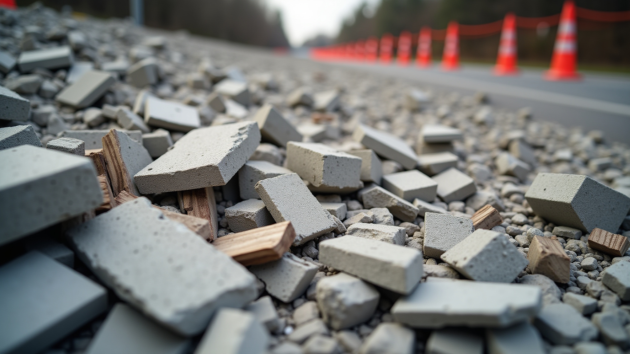 Close-up of concrete rubble on a road with orange construction cones visible.