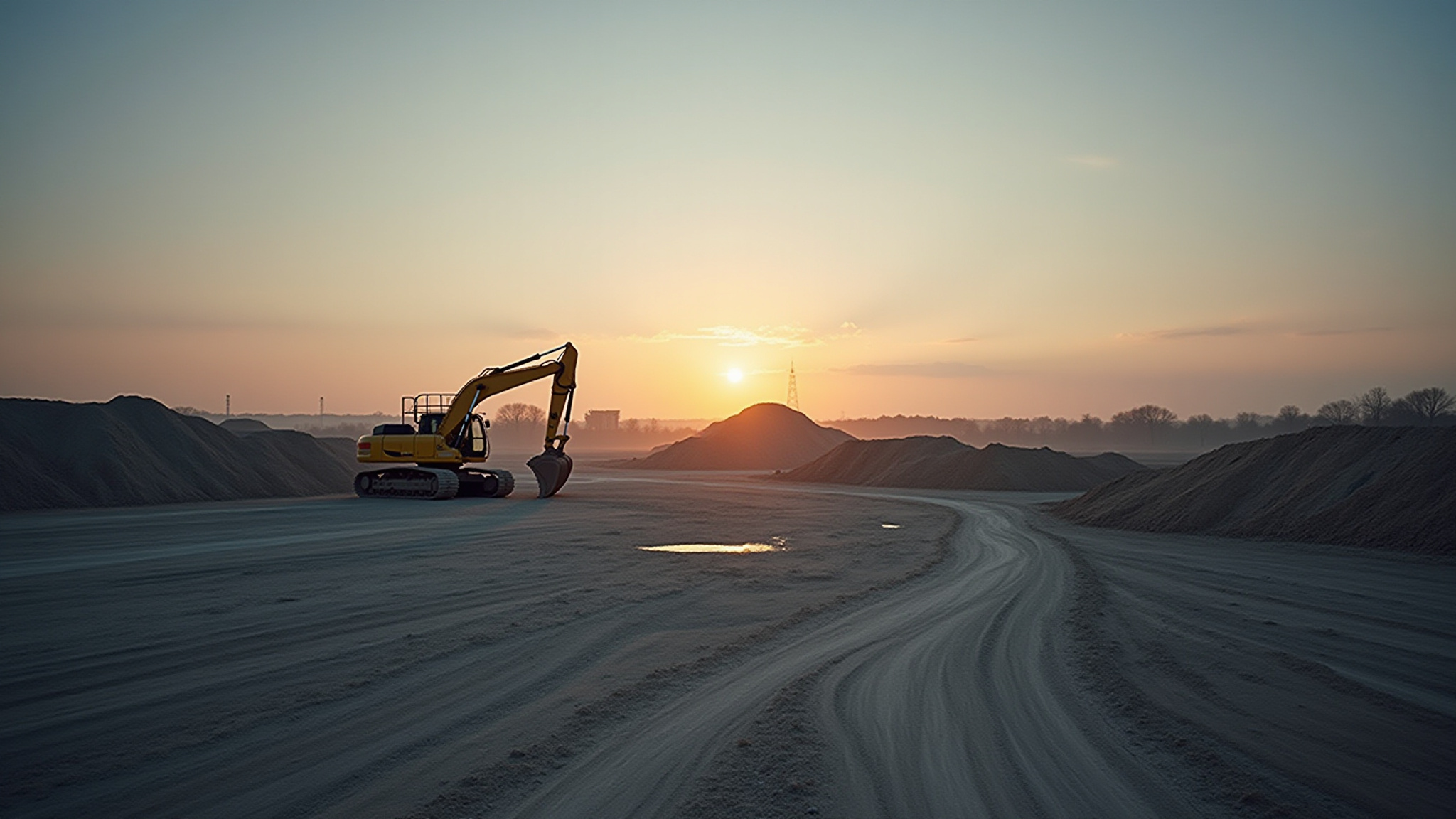 Yellow excavator on construction site at sunset, dirt landscape, work in progress