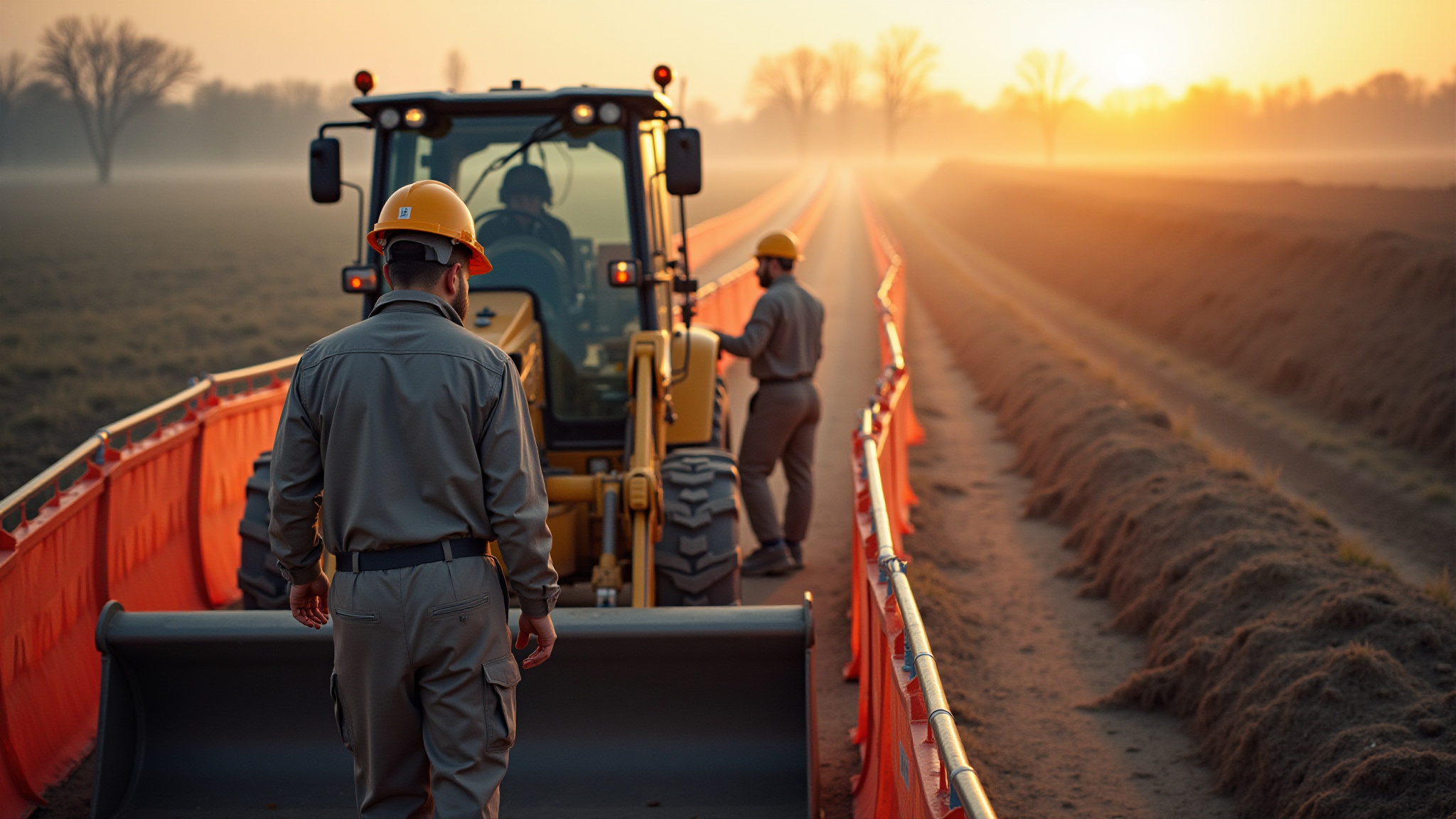 Construction workers and machinery working at a construction site during sunset.