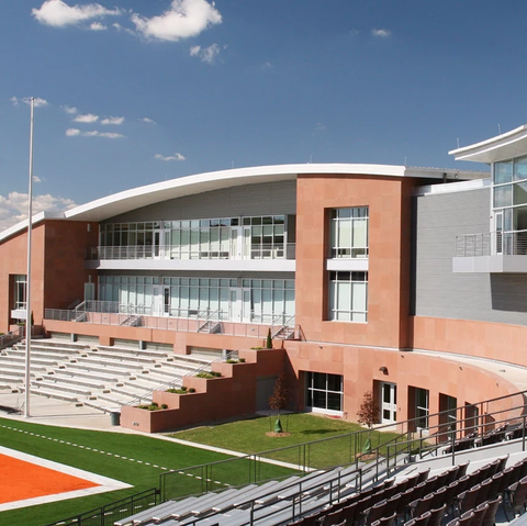 Exterior of the Bowling Green State University SEBO Center and football field and bleachers