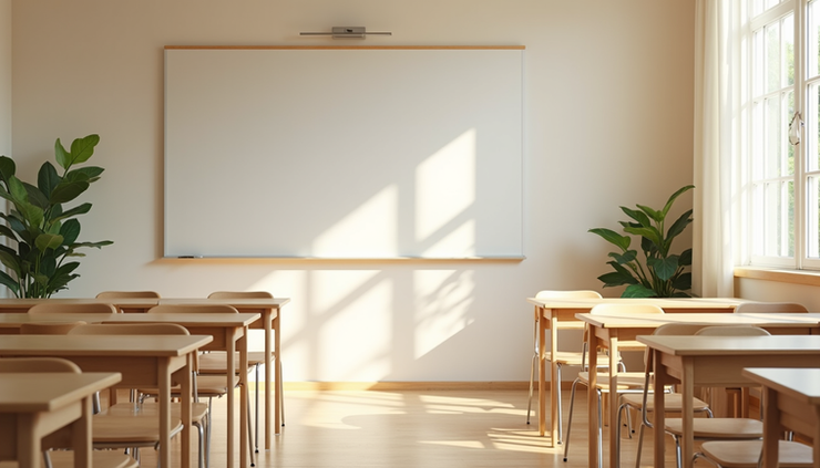 Eye-level view of a classroom with neutral-toned walls, minimal decor, and natural light streaming through uncovered windows