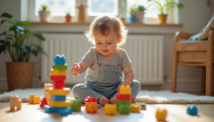 Eye-level view of a child building a colorful block tower on the floor