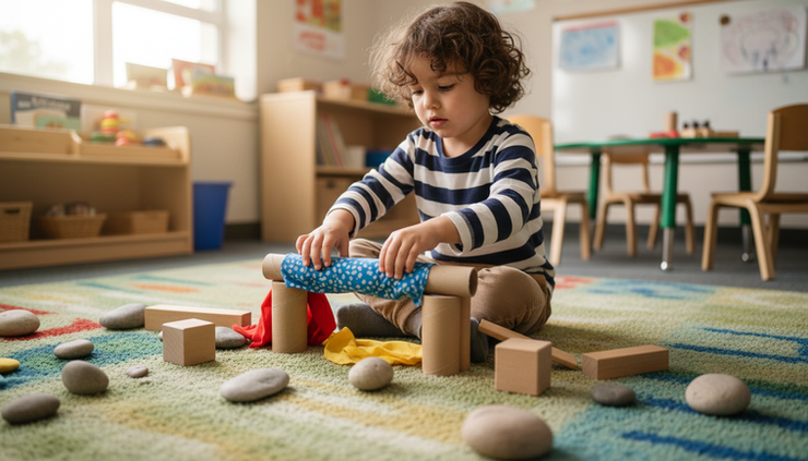 Eye-level view of a preschool child building with wooden blocks and fabric scraps on a classroom rug.