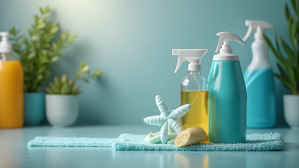 Close-up view of commercial cleaning equipment and eco-friendly products