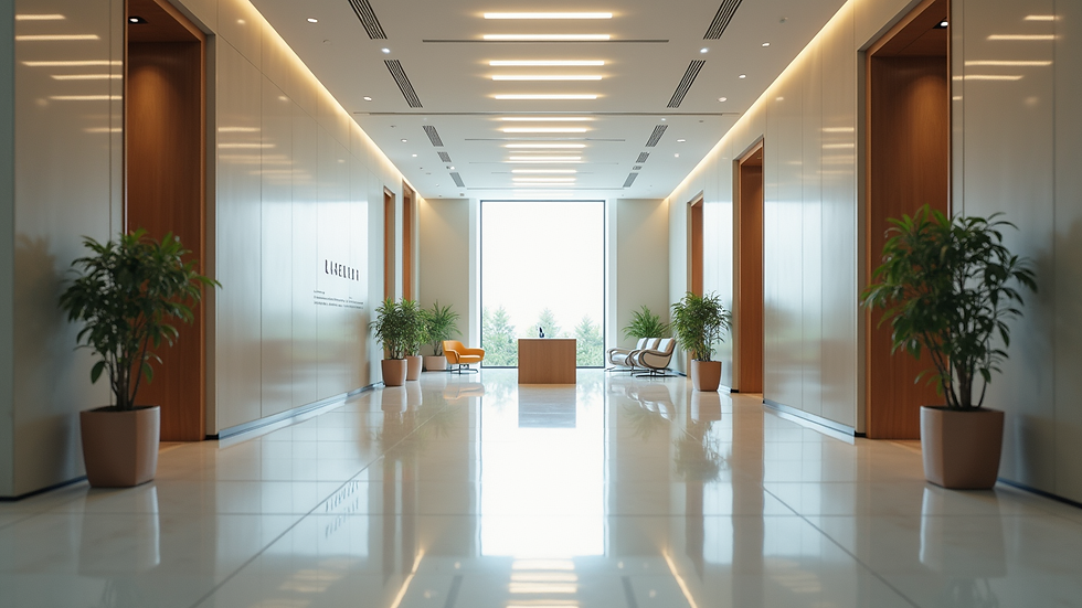 Eye-level view of a clean and organized office lobby