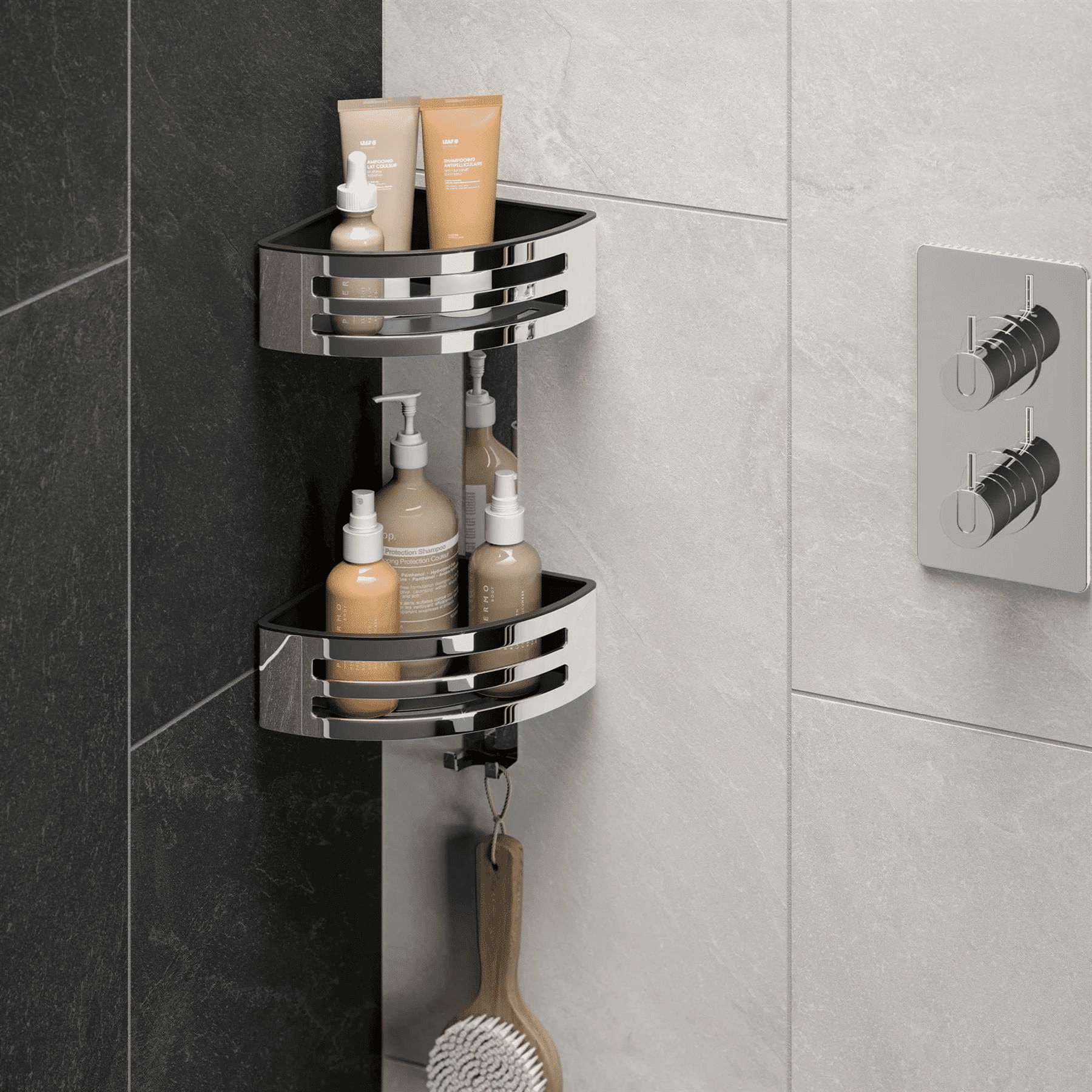 HiB Easy Clean Two Tier Corner Shower Basket with Removable Trays