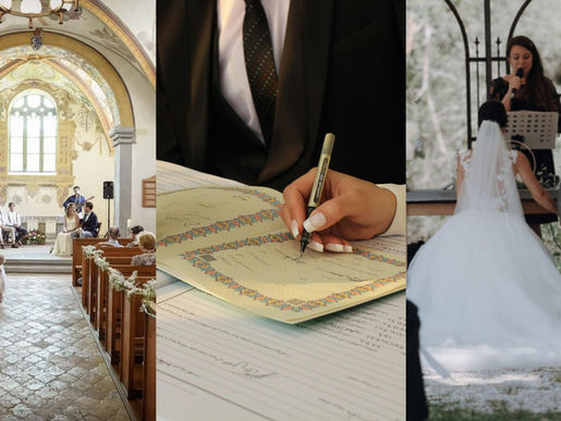 Drei Hochzeitsarten in Bildern: kirchliche Trauung mit Sänger David Brunschweiler, standesamtliche Trauung beim Unterschreiben der Heiratsurkunde und freie Trauung mit Sängerin Dina Regniet – emotionale Live-Musik für Hochzeiten in der Schweiz.