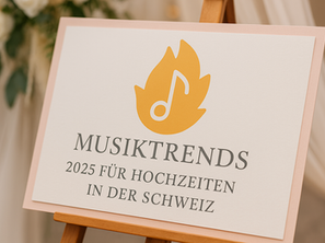 Elegantes Symbol mit goldener Musiknote in Flammenform im modernen Hochzeitsstil – Darstellung der Musiktrends 2025 für Hochzeiten in der Schweiz mit weissen, goldenen und rosafarbenen Akzenten.