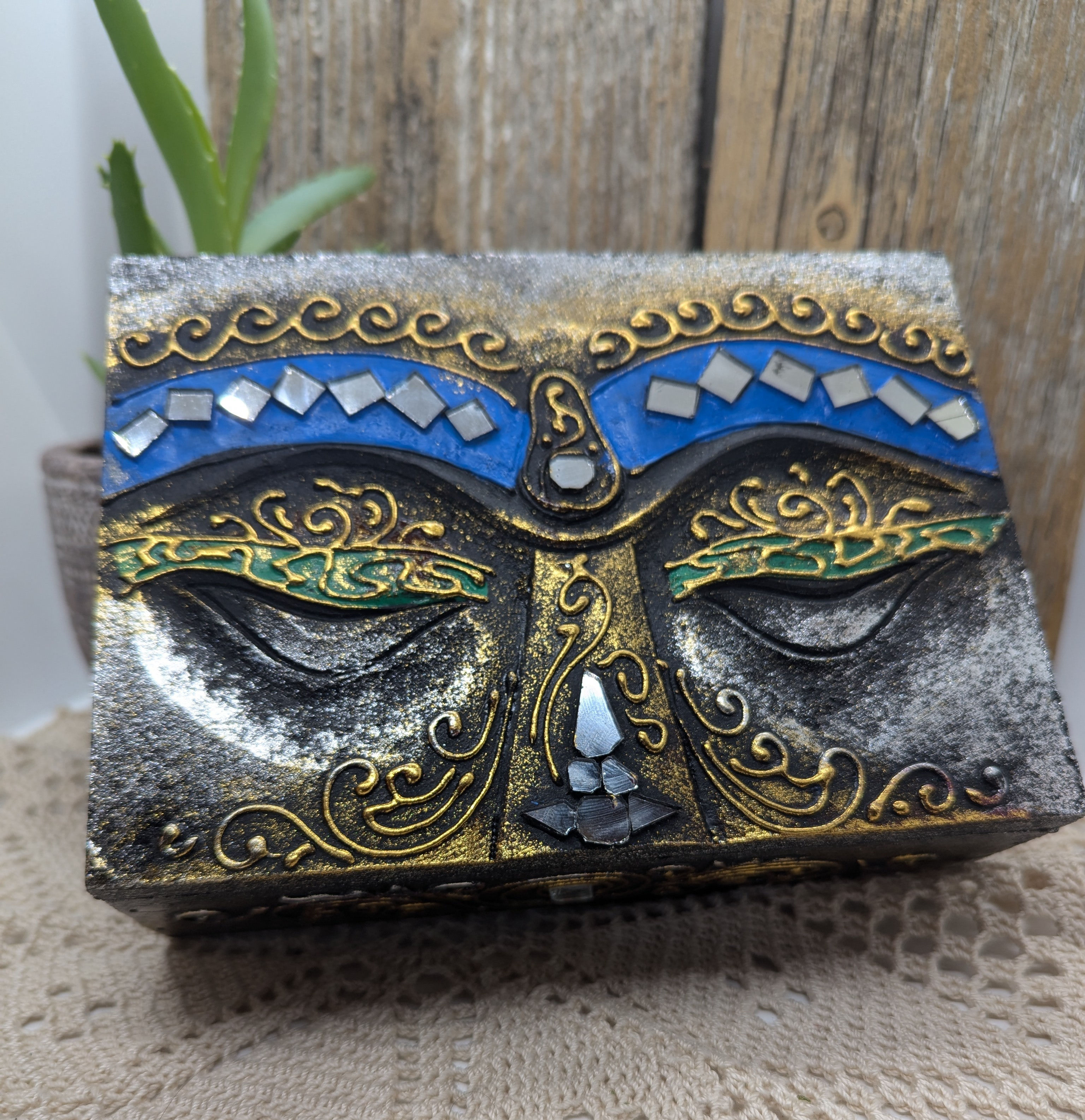 Wood Box - Carved Buddha Eyes