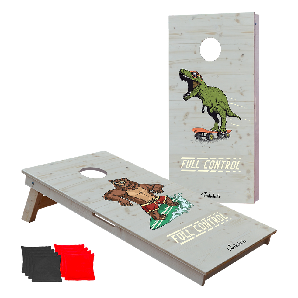 cornhole 2 planches ours surfant une vague et t-rex en skateboard, vue de face