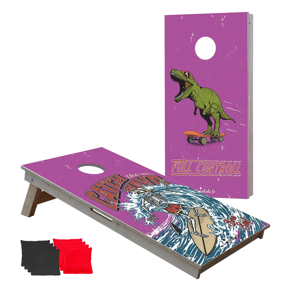 cornhole 2 planches squelette en train de surfer et t-rex qui fait, vue de face
