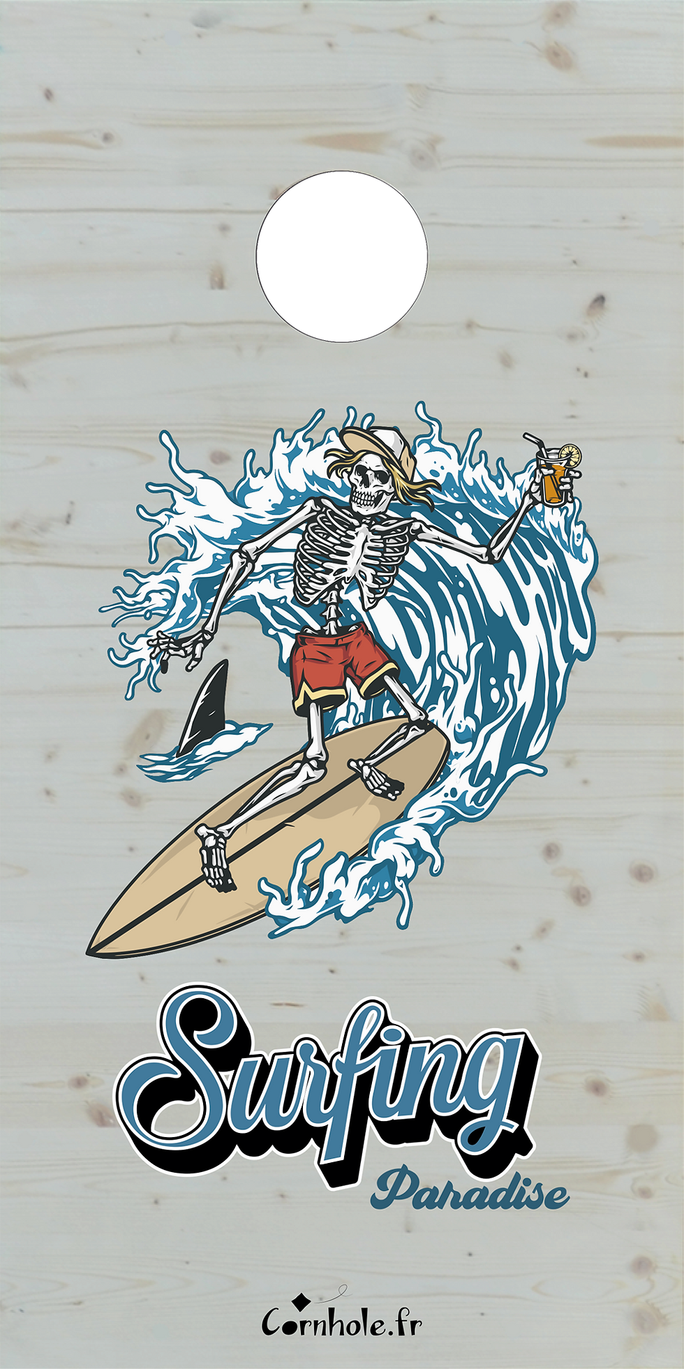 décor détaillé cornhole squelette surfant une vague à coté d'un requin, vue de face