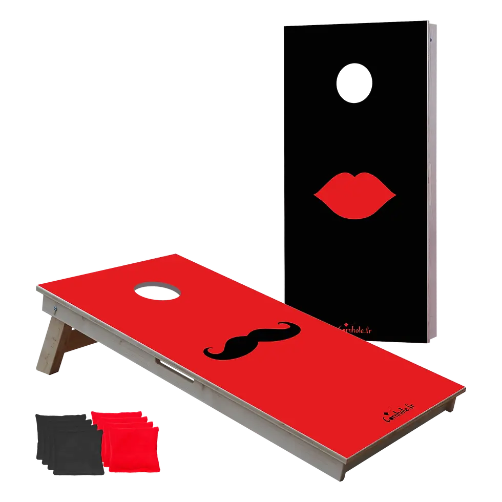 cornhole 2 planches moustache et lèvres pulpeuses, vue de face