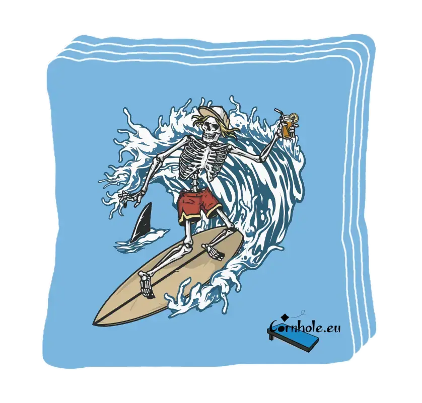 4 sacs de cornhole squelette surfant une énorme va, vue de face