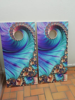 Cornhole personnalisé pour un client particulier - 2 planches au motif fractal artistique bleu et violet