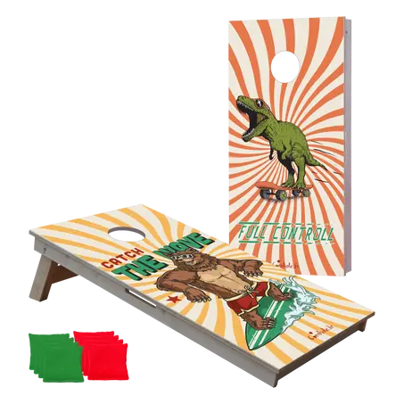 cornhole Full Print ours surfeur et TRex sur un skateboard