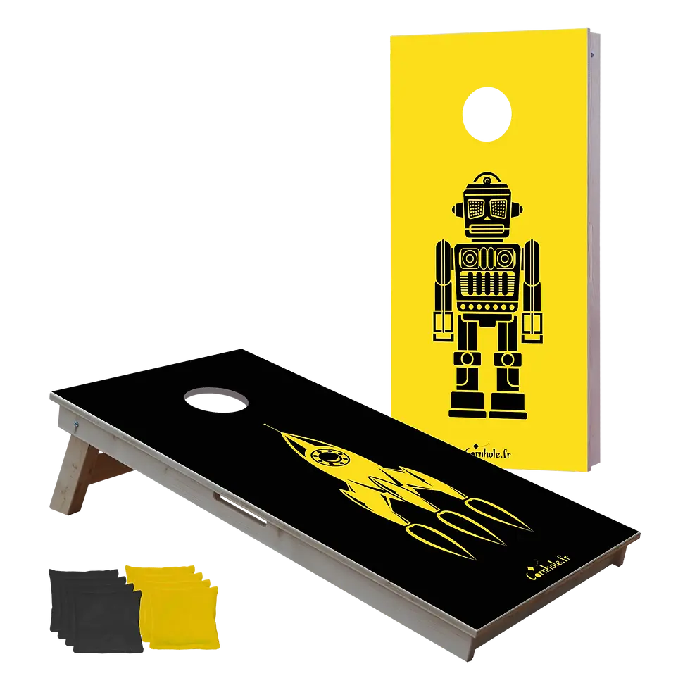 cornhole 2 planches fusée et robot vintages, vue de face