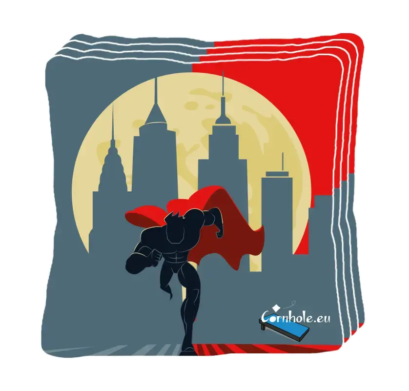 4 sacs de cornhole superhero en pleine course contre , vue de face