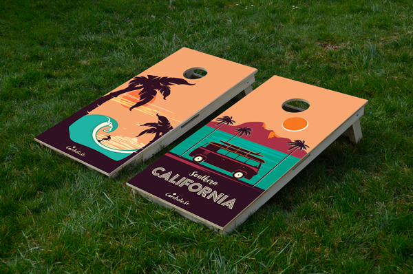 Miniature : cornhole 2 planches surfeur et combi vw, sur le gazon, vue de face