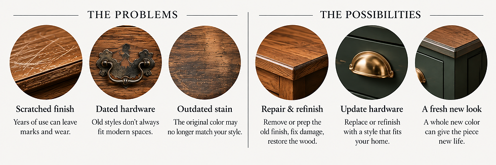 Infographic comparing worn wood furniture problems and fixes: scratches, dated hardware, stain, refinishing, new hardware, fresh look.