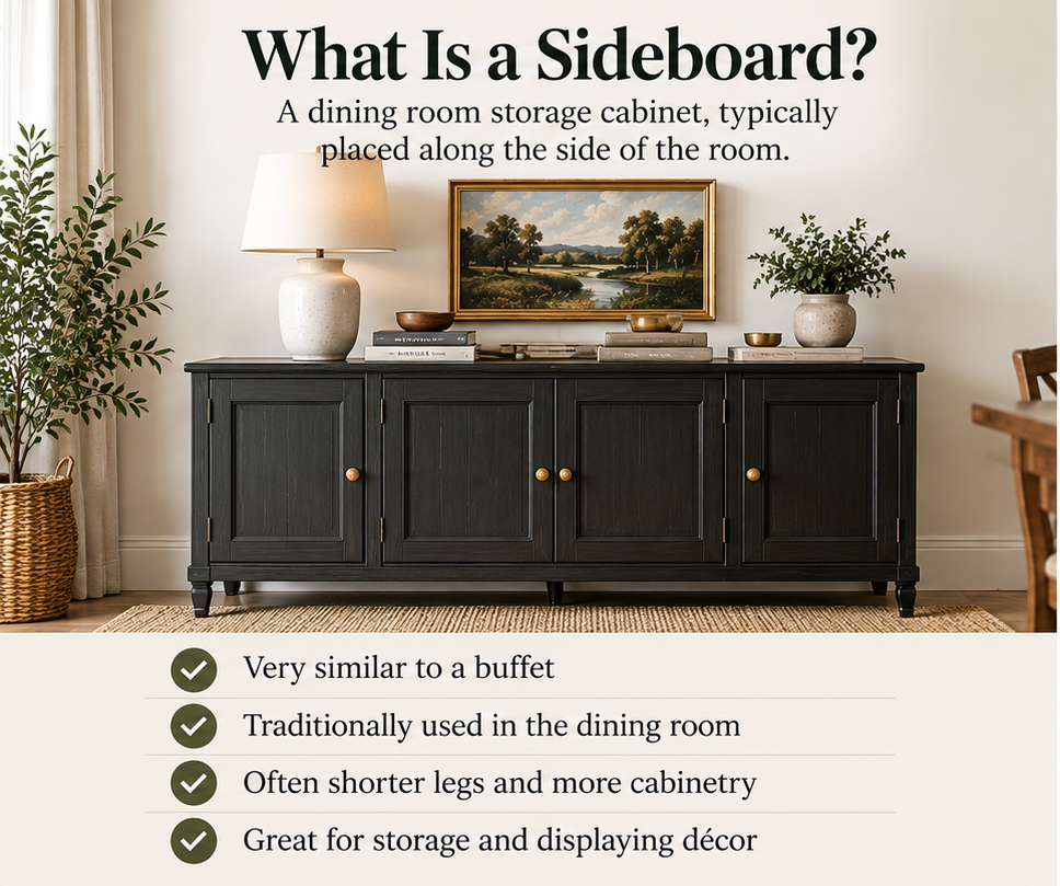 Split image comparing a black sideboard and wood credenza in styled rooms, with text explaining their uses and features.
