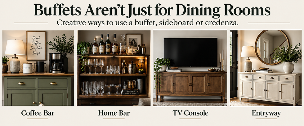 Infographic showing four buffet uses: Coffee Bar, Home Bar, TV Console, and Entryway, with stylish decor and the title above.