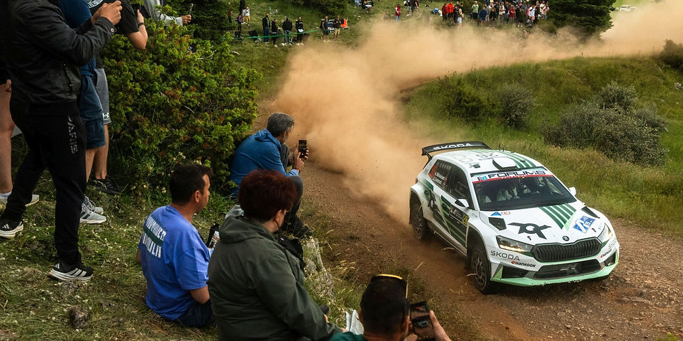 Andreas Mikkelsen and Jørn Listerud competing for WRC2 victory in Greece.