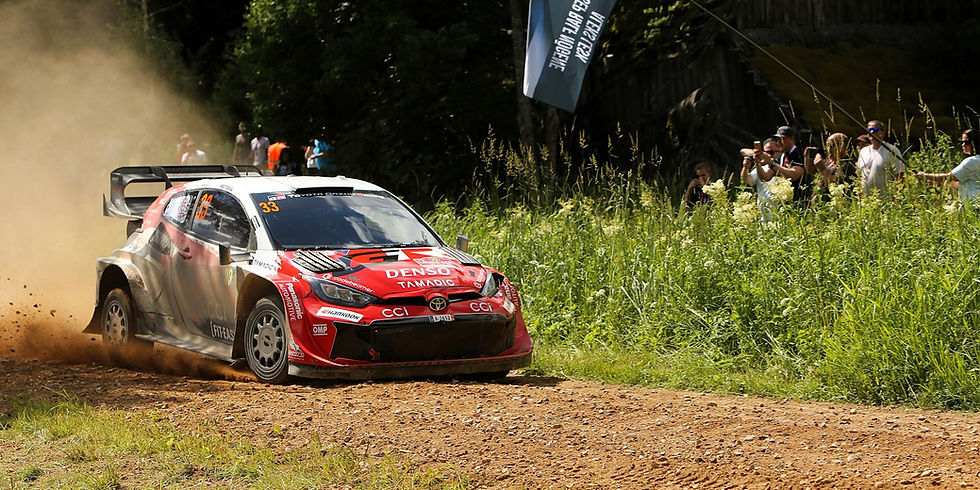 Toyota GR Yaris Rally1 competing on the fast gravel roads of Rally Estonia.
