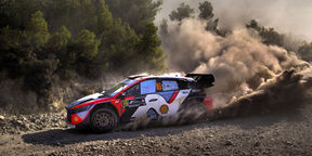 Adrien Fourmaux driving the Hyundai i20 N Rally1 on gravel stages.