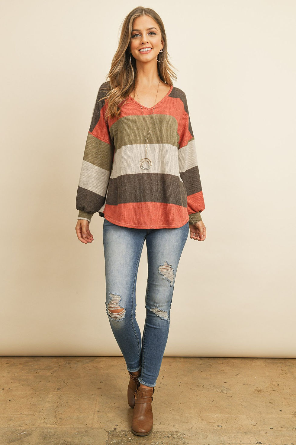 Thumbnail: Rib Multicolor Stripes V-Neck Puff Sleeves Top