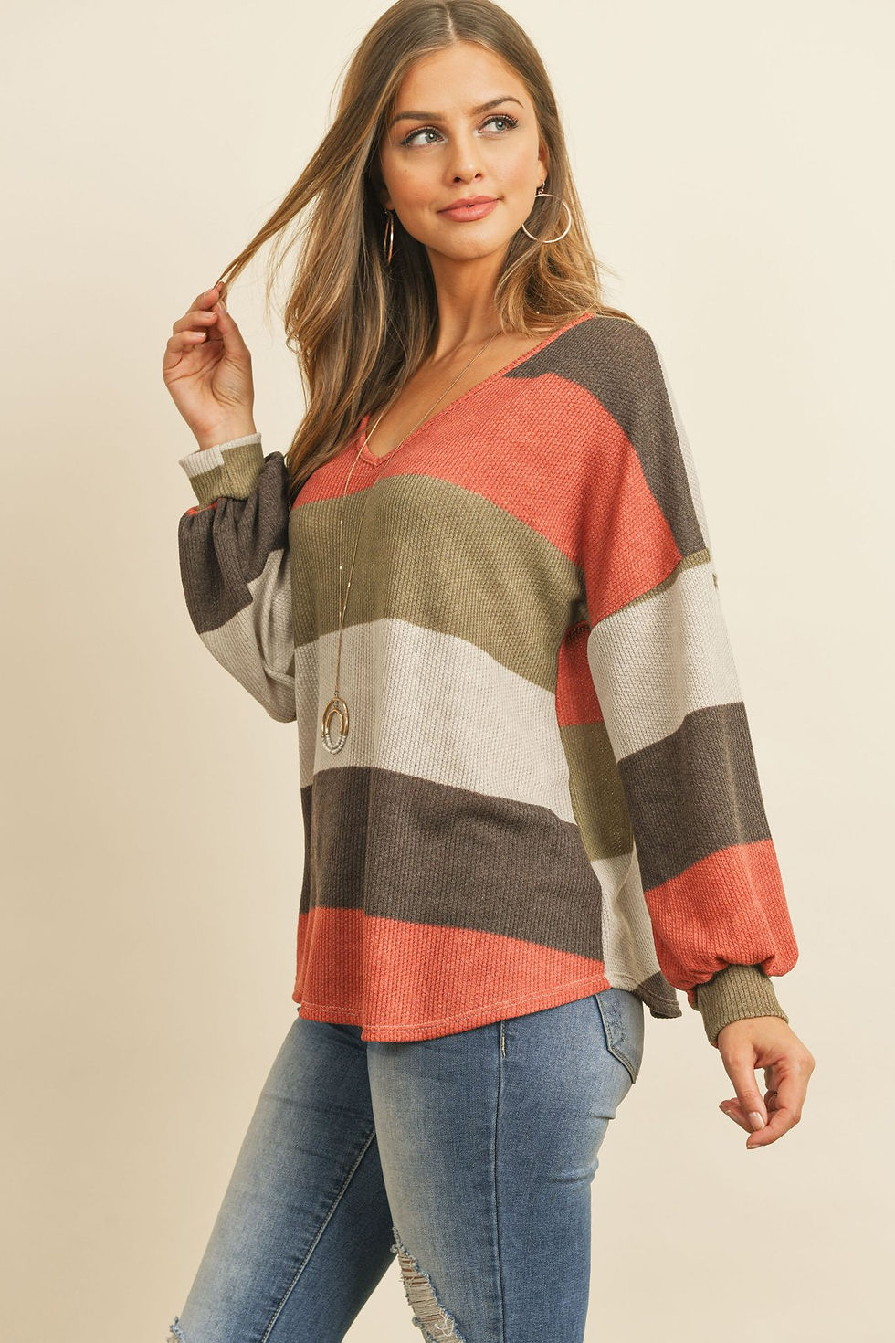 Thumbnail: Rib Multicolor Stripes V-Neck Puff Sleeves Top