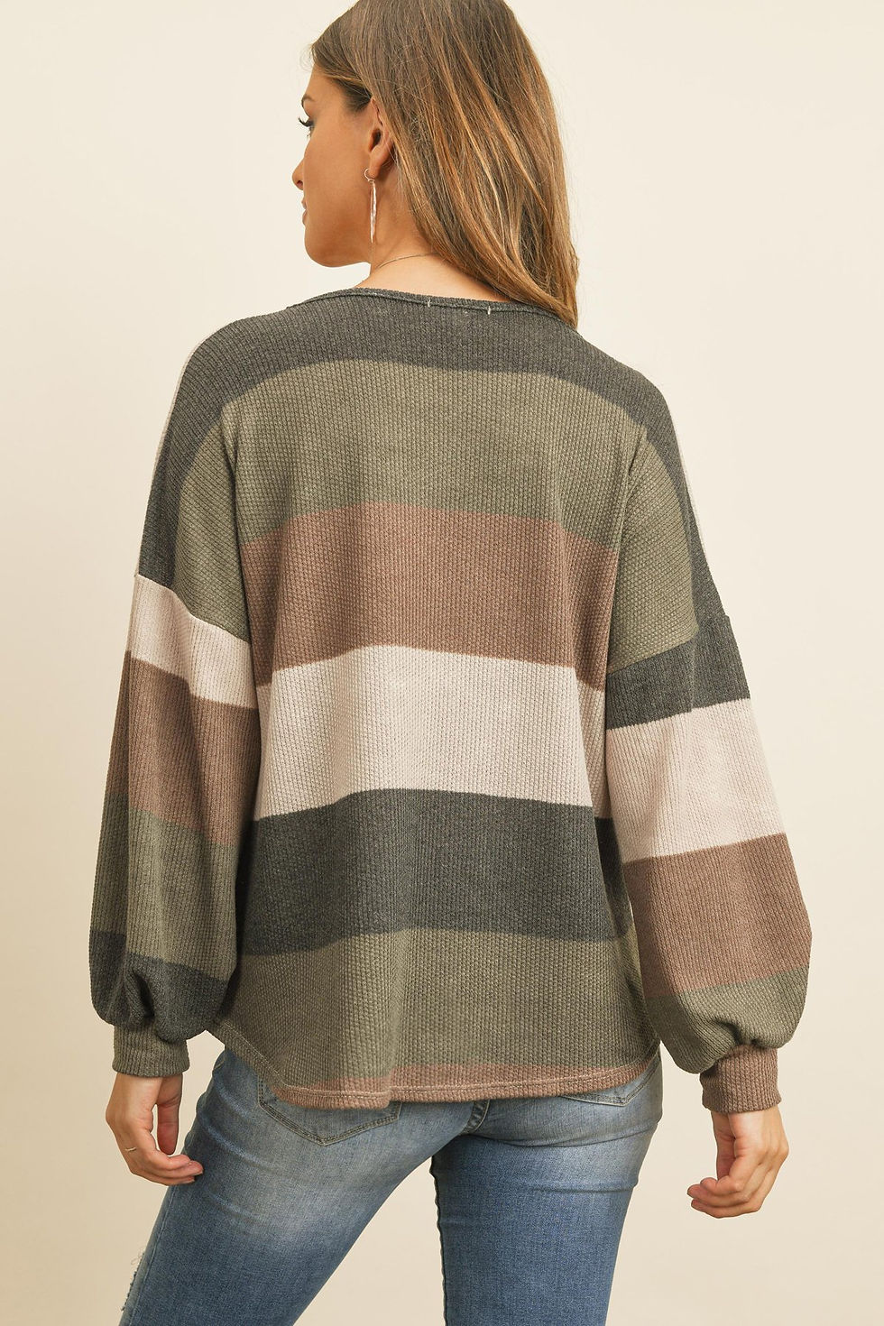 Thumbnail: Rib Multicolor Stripes V-Neck Puff Sleeves Top