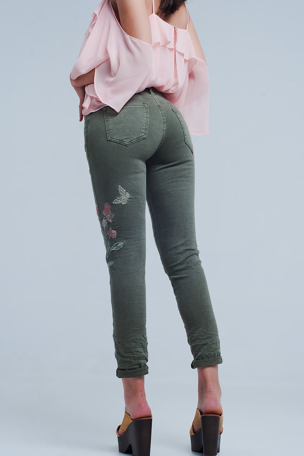Thumbnail: Khaki Jeans With Embroidered Flower