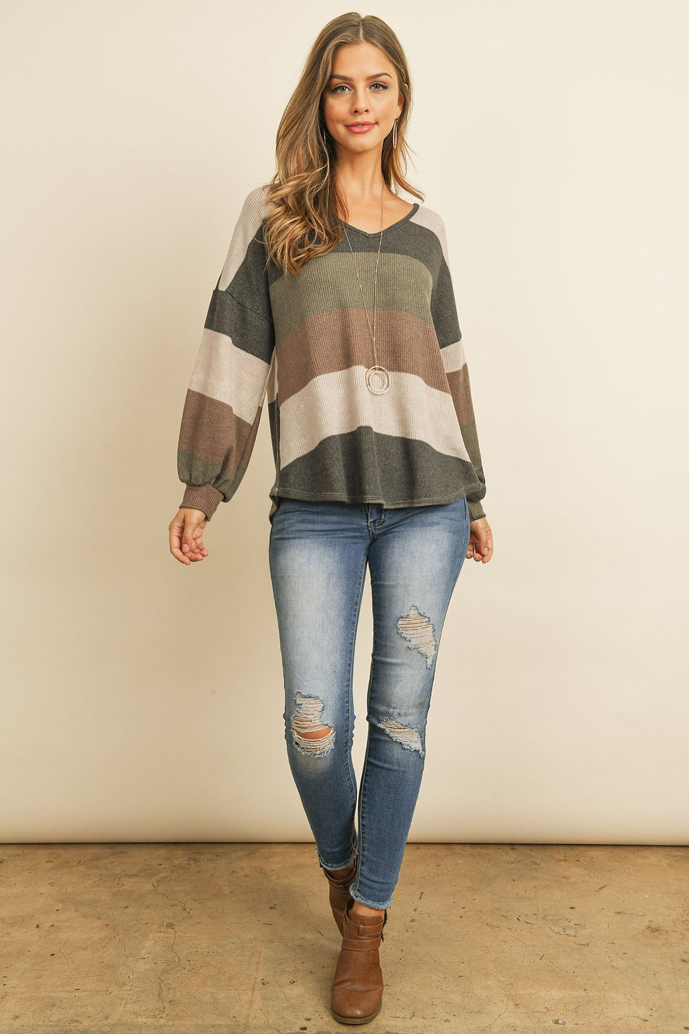 Thumbnail: Rib Multicolor Stripes V-Neck Puff Sleeves Top