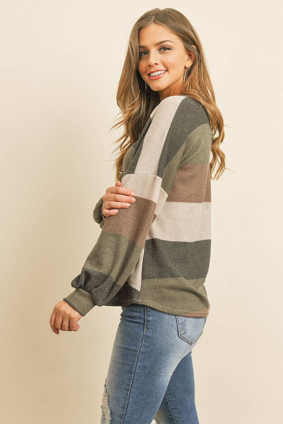 Thumbnail: Rib Multicolor Stripes V-Neck Puff Sleeves Top
