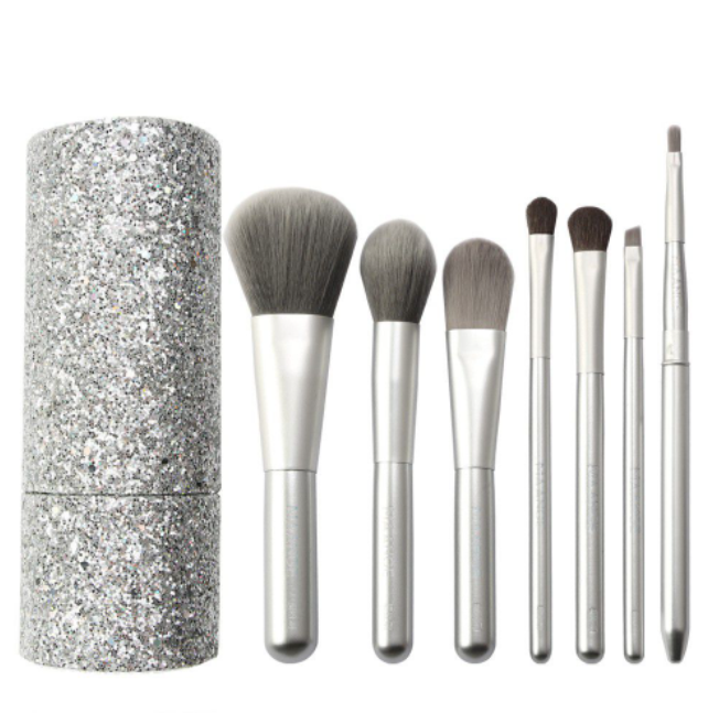 Thumbnail: 7 Piece Silver Foundation Makeup Brushes Set with Shining Brush Holder