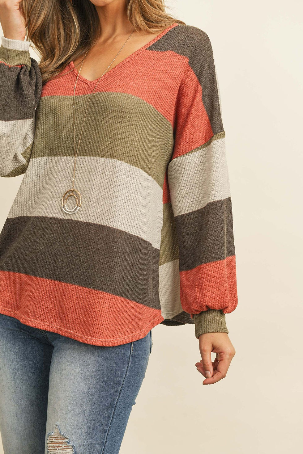 Thumbnail: Rib Multicolor Stripes V-Neck Puff Sleeves Top